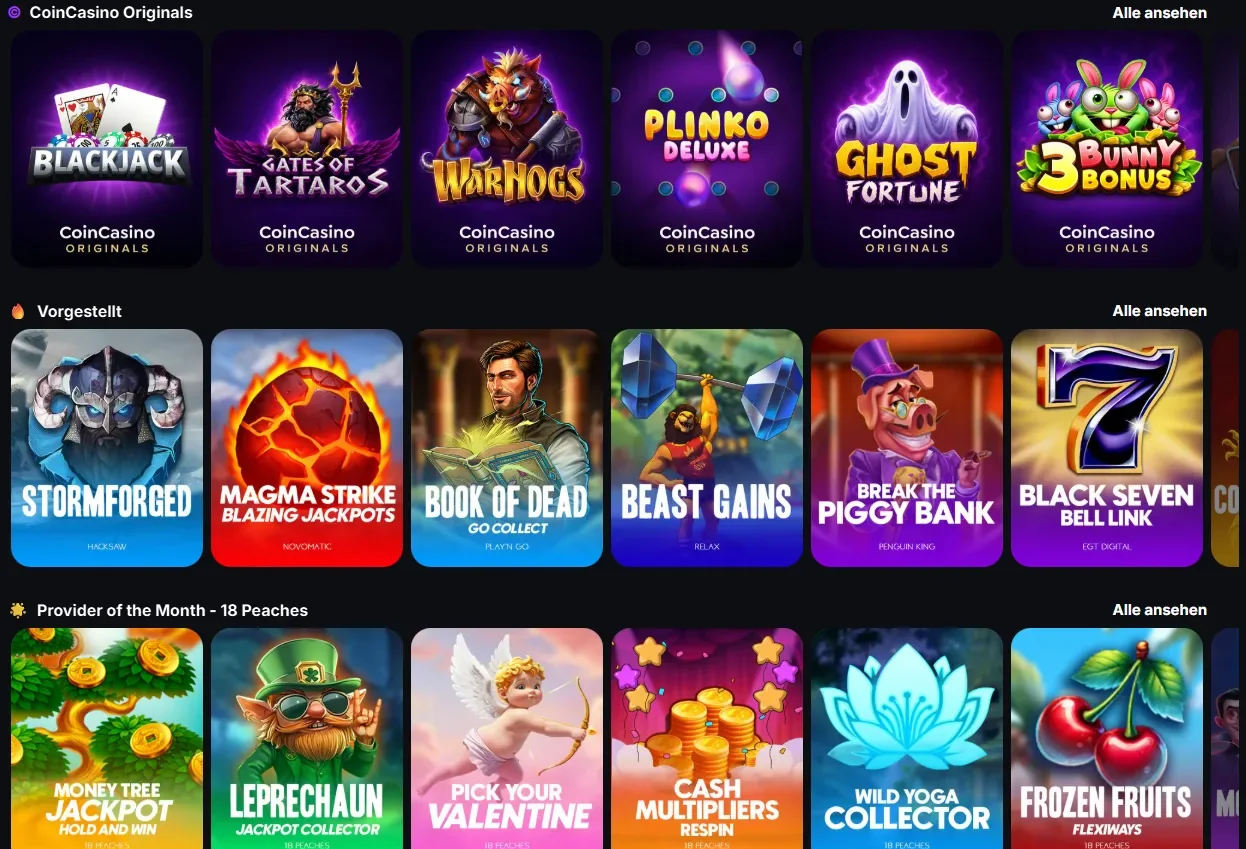 Raster met slots, live casino en crash games van CoinCasino
