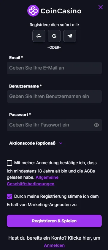 Registratie- en inlogscherm van CoinCasino met e-mail en Telegram