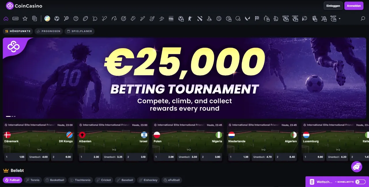 Sportsbook met voetbal en esports weddenschappen bij CoinCasino
