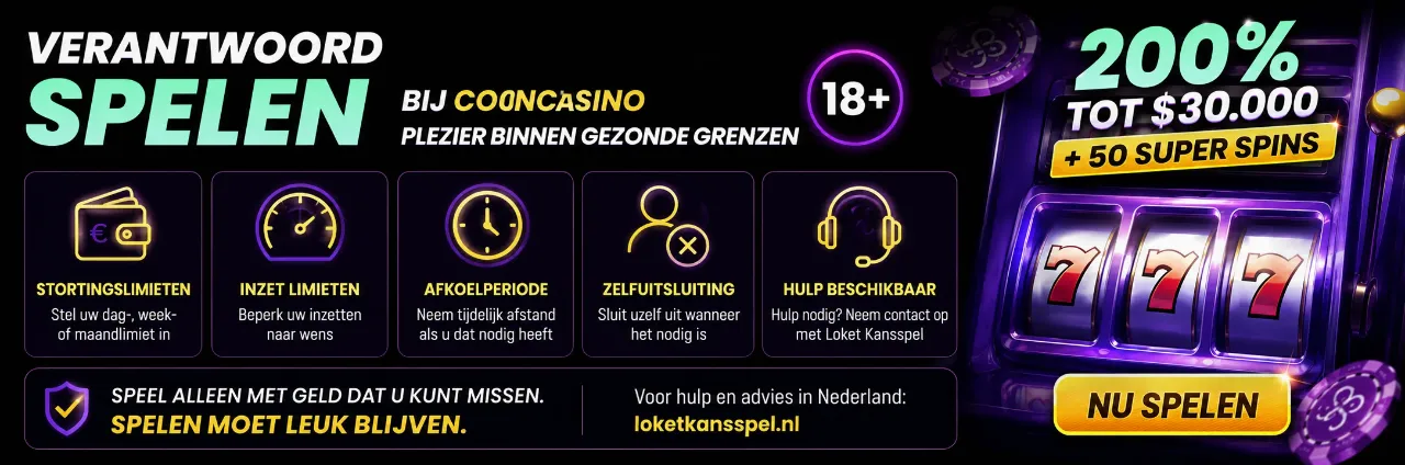 Verantwoord spelen tools, limieten en 18-plus icoon bij CoinCasino